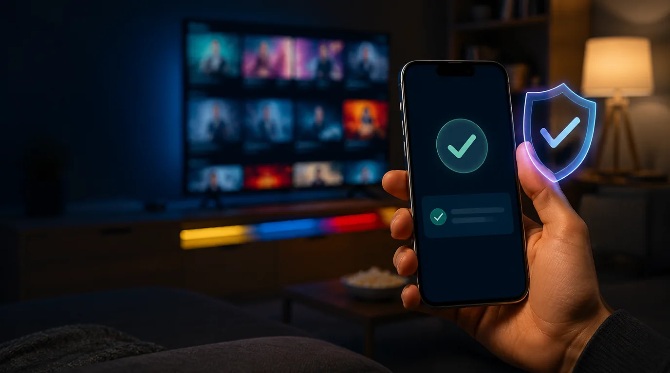 Persona revisando en su celular la garantía y condiciones antes de comprar una cuenta de streaming compartida